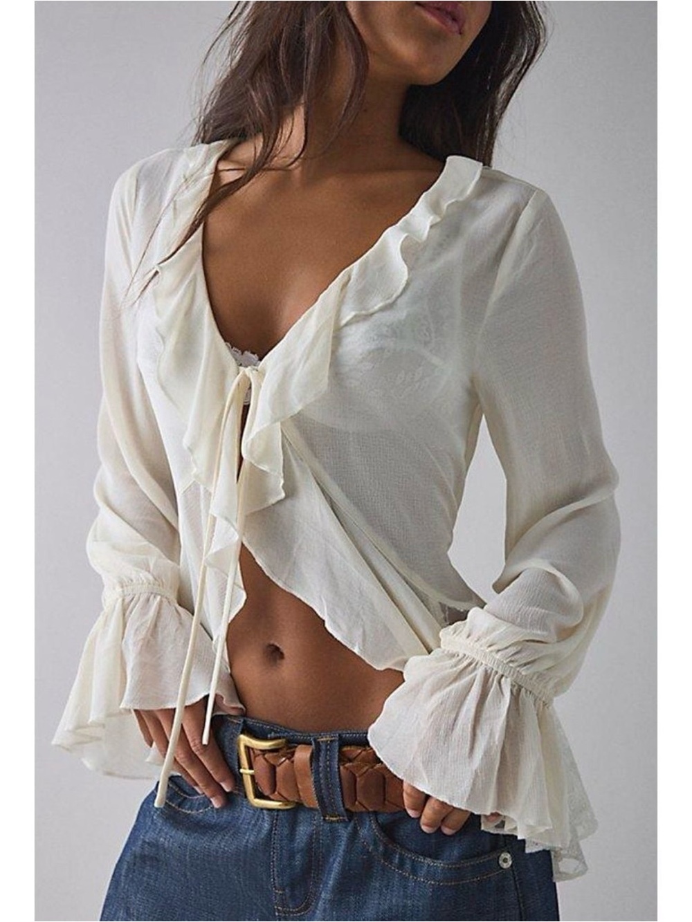 Kimchi Blue Cream Ruffle Tie-Front Blouse